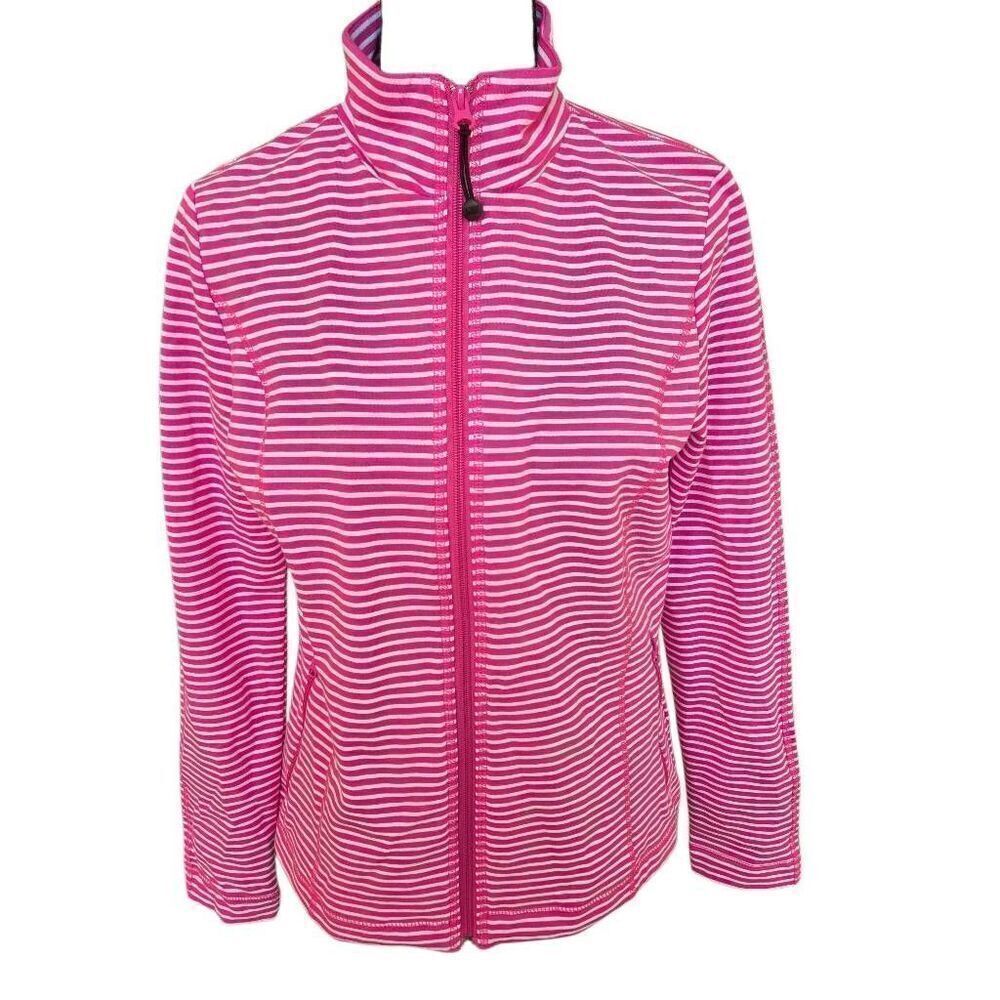 Jones NY Sport Womens Striped Long Sleeve Full Zip Sweatshirt Pink White Small